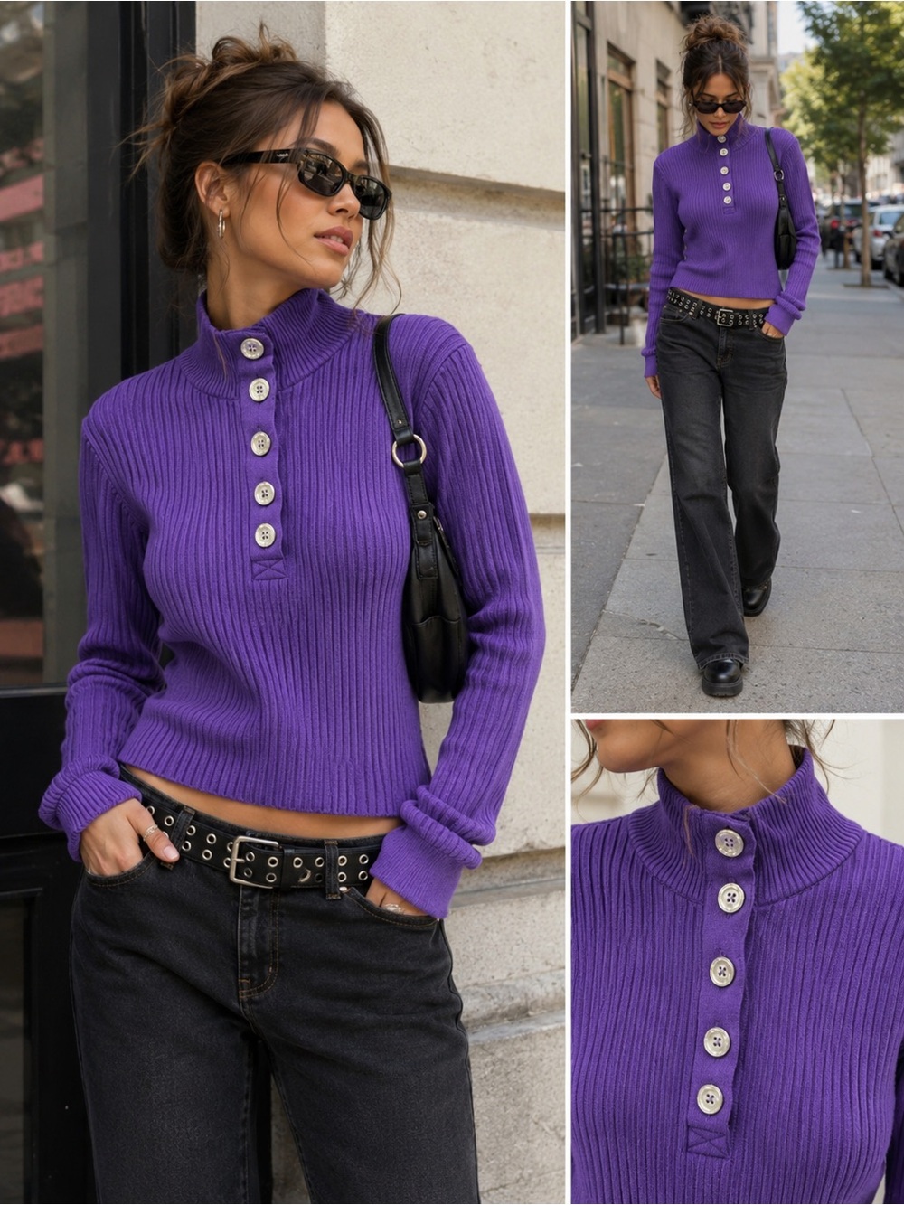Lauren Ralph Lauren Plum Colour Ribbed Button-Neck Sweater Purple NWT